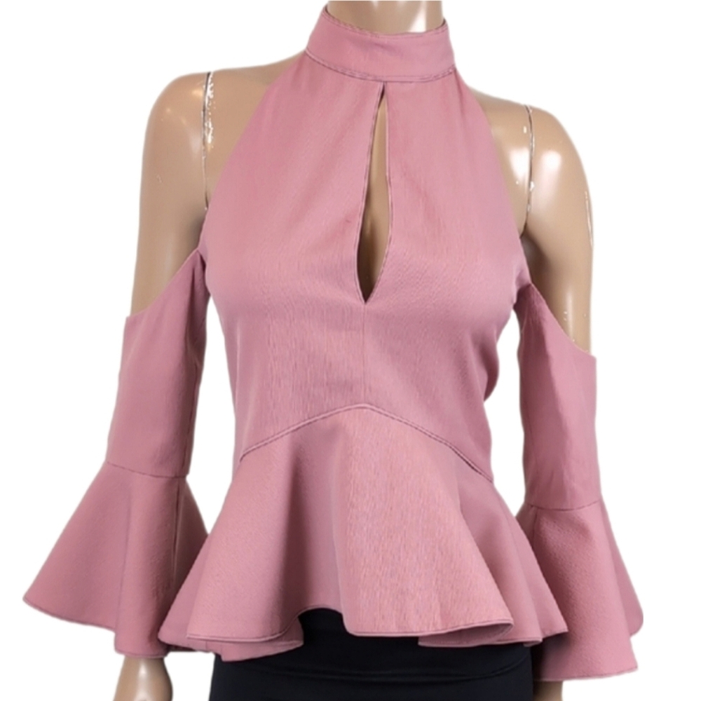 C/Meo Collective Dusty Rose Oblivion Top Halter Flare Sleeve Peplum Ruffle Hem